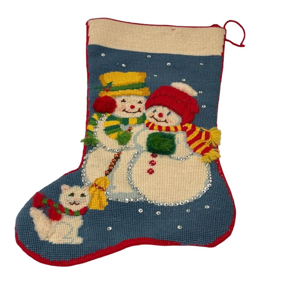Bucilla Frosty Friends Christmas Stocking Needlepoint Felt Sequin Snowman Cat, B